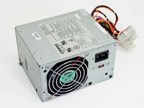 Compaq PS-5201-4C 200W ATX power supply – three-quarter front view showing fan, AC inlet, and power switch
