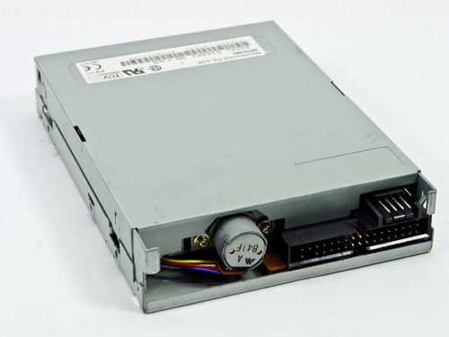 Mitsumi D359M3 floppy drive rear-angle view showing 34-pin ribbon connector, 4-pin power connector, and spindle motor