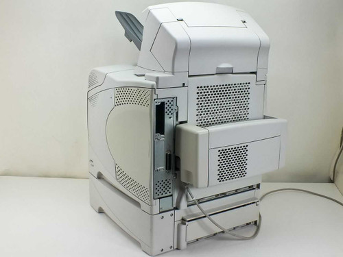 HP LaserJet 4200dtn Q2428A – rear left view showing rear output door open, stacker Q2442A attached at left, and power cable