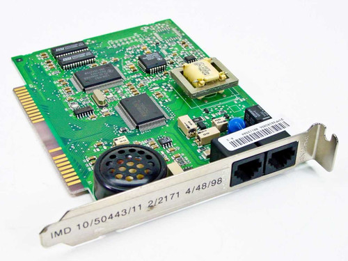 US Robotics 112504 8-bit ISA 33.6K fax modem card — front component side with dual RJ-11 bracket ports and onboard speaker visible