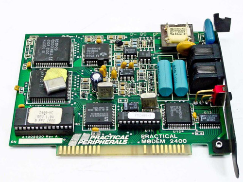 Practical Peripherals PM2400 ISA modem card – top view showing board markings, 'Practical Modem 2400' silkscreen, and Rev A designation