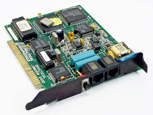 Practical Peripherals PM2400 8-bit ISA modem card – angled top view showing PCB components and bracket with dual RJ-11 ports