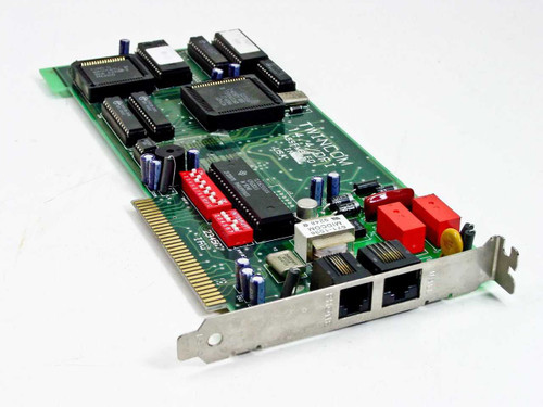 Twincom 14.4/DFI ISA internal modem card — angled front view showing components, RJ-11 bracket, and ISA edge connector
