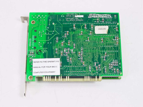Practical Peripherals PM9600 A1013200 ISA modem — PCB reverse side showing green board, component side, and 'Refer to Operators Manual' sticker