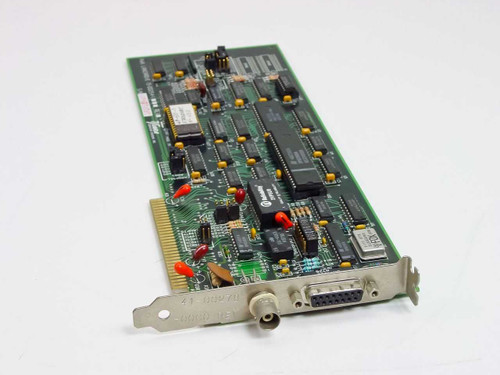 Tiara 41-00278-0000 PWA Lancard/E 8-bit ISA Ethernet card – angled top view showing PCB components and bracket with BNC and DB15 AUI connectors