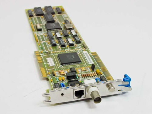 DCA IRMA III 004930 Rev A 8-bit ISA network card — angled top view showing PCB, chips, RJ-45 and BNC ports on bracket