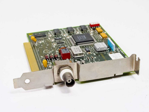 IBM 83X9263 8-bit ISA short coax network adapter card – angled top view showing component side with BNC connector and ISA edge connector