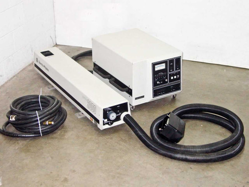 Spectra-Physics 2020-11 laser head and 2560 power supply side view showing corrugated cooling hose connected
