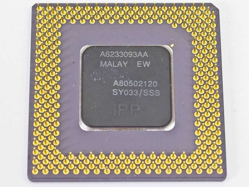 Intel Pentium 120MHz A80502120 SY033 — underside view showing full gold pin array and center markings: A6233093AA, MALAY EW, A80502120, SY033/SSS, iPP