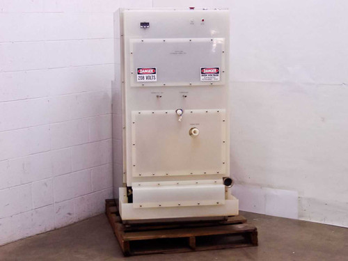 ITS UC-7010 Wafer Box Washer – rear view showing white polymer lower enclosure with 208V danger labels and manual valve
