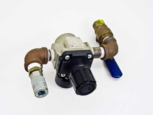 SMC AR40-N04G-Z regulator assembly — rear/side view showing ball valve handle and elbow fittings