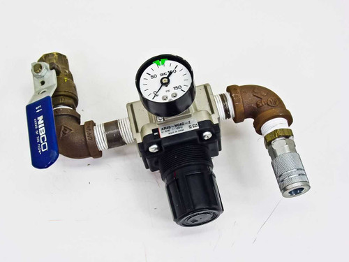 SMC AR40-N04G-Z pneumatic pressure regulator assembled with Nibco brass ball valve and quick-connect fitting — full front view