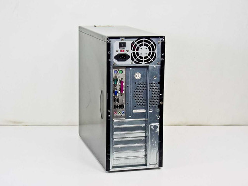 AMD Sempron 2600+ desktop tower – rear right three-quarter view showing back panel ports, power supply, and expansion slot covers