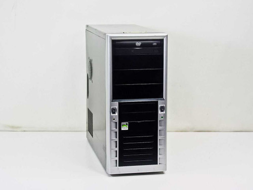 AMD Sempron 2600+ MSI K8MM desktop tower PC – front left three-quarter view showing silver and black mid-tower case with DVD-ROM drive