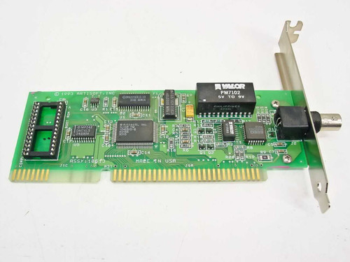 Artisoft PCB 2000/C Orbit 2L 16-bit ISA coax network card – top component side showing ICs, Valor PM7102 transformer, and BNC bracket connector