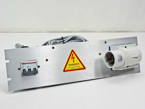 Riber 3.B220TRI power distribution panel front view showing Merlin Gerin Multi9 C32N circuit breaker on left, high-voltage danger label center, Legrand P17 58265 3-phase plug on right, with attached gray cable