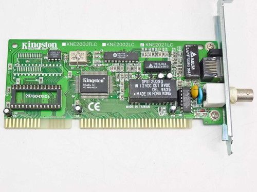 Kingston KNE2021LC ISA Ethernet card — front component side showing Kingston EtherRx controller chip, BNC and RJ45 connectors on bracket, ISA edge connector