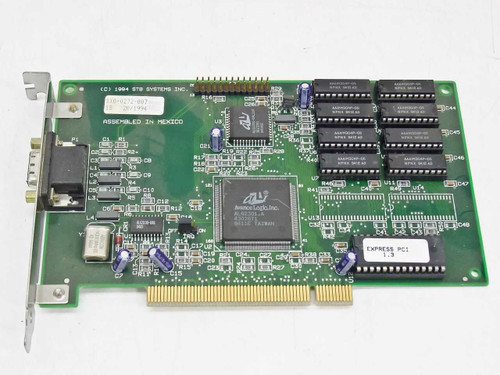 STB Systems 1X0-0272-007 PCI VGA video card front view showing ALi ALG-2301-A GPU, PCI edge connector, and 15-pin VGA port on bracket