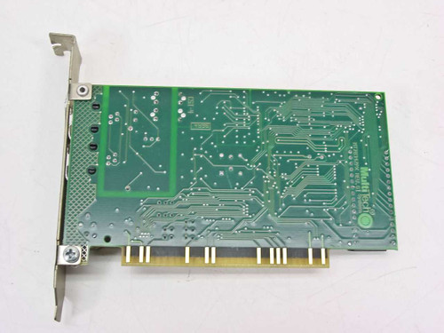 MultiTech MT2834ZPX ISA modem card — solder/bottom side showing green PCB and Multi-Tech logo on bracket
