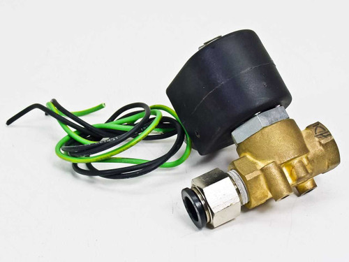 Parker 06F20C2114A3F4C80 solenoid valve – side view showing brass body, black solenoid coil, push-to-connect IN port fitting, and lead wires