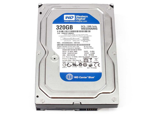 Western Digital WD3200AAKS Caviar Blue 320GB SATA 3.5 inch hard drive — top label view showing model and specs