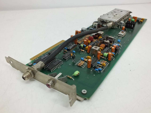 DEI Sharp 8-bit ISA analog TV tuner card – angled front view showing COAX and RCA bracket connectors and populated PCB with tuner module