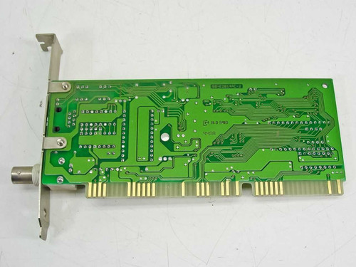 Winbond 60-E2014AC-2 ISA network card PCB reverse side showing solder points and card slot bracket with BNC port