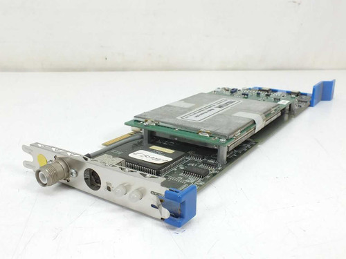 Telxon DS29672 Dataspan RS-485 Router MCA Card 18697-000 – angled front view showing faceplate with coaxial and port connectors and blue card ejector tabs