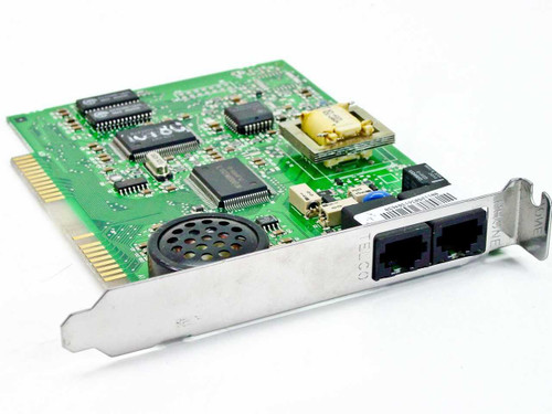 US Robotics 33.6K ISA Internal Winmodem 00112503 — angled front-right view showing green PCB, two RJ-11 ports on bracket, and component side