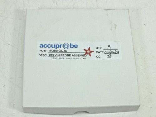 Accuprobe IK2B10D3D Kelvin Probe Assembly in white box with label showing part number, qty 3, and date 03/24/09