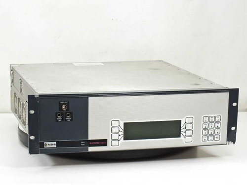 Tandberg E5424 MPEG-2 Encoder – front panel view showing LCD display, keypad, Alarm and Power indicators, and NDS logo