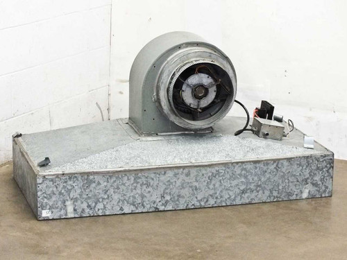 Emerson K55HXSAZ-8219 laminar down-flow hood — front-right view showing blower motor housing mounted on galvanized sheet metal filter plenum