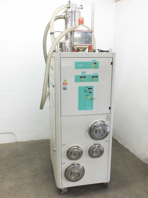 High Point air dryer loader — front and left side view showing control panel with green indicator modules and four stainless steel cartridge filter housings on cabinet lower section