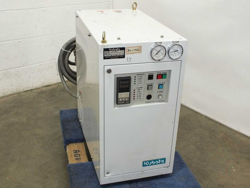 Kubota STP-330-145 recirculating chiller temperature controller front view showing control panel, dual pressure gauges, and Kubota branding