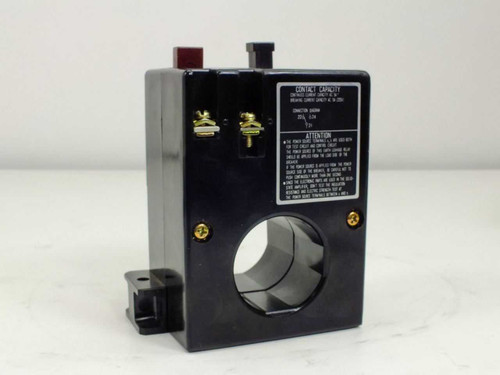 Fuji Electric BRR21N-01S Earth Leakage Relay – right-side view showing contact capacity label, attention notice, through-hole aperture, and DIN rail base