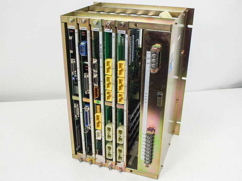 Fuji Electric VT-1000-2D Vistac 1000 Type-C bus card enclosure with 6 installed cards – front/side angled view showing card connectors and yellow I/O connectors