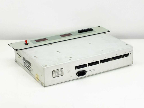 Varian VJW1454C Channel Selector Sub-System – rear-left angled view showing IEC power inlet, D-sub connector, and multiple rear I/O connectors with side label