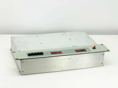 Varian VJW1454C Channel Selector Sub-System 01014540-01/A – front-left angled view showing top cover and front panel with red LED displays and pushbuttons