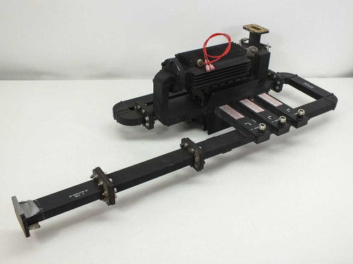 Varian VUJ-8527-01 C-Band Waveguide Load Metering Assembly – full assembly overview, angled left side view showing extended rigid waveguide arm, heatsink, and port labels