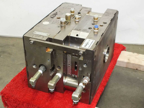 Meike MDMI injection mold – rear-left isometric view showing opposite face with pneumatic fittings, ejector pins, and mold parting line
