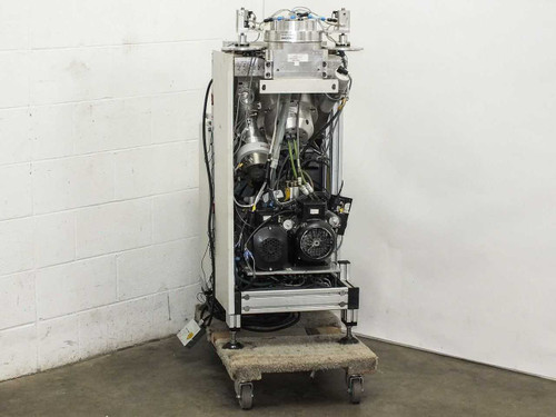 Balzers BPS Swivel 98 1.5 Metalizer – rear view showing Leybold Trivac roughing pumps mounted on lower shelf with plumbing and wiring