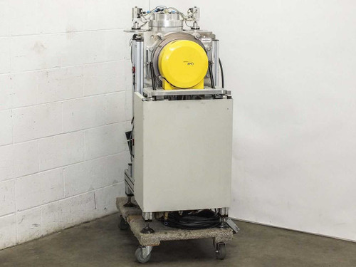 Balzers BPS Swivel 98 1.5 Metalizer – left side view showing vacuum chamber on cart with yellow BPS target assembly