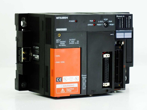 Mitsubishi A171SHCPUN Motion Controller front view with A1SH42-S1 I/O unit mounted on A172B base, showing POWER and ERROR LEDs and orange hazardous voltage warning label
