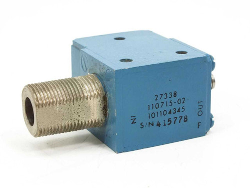 RF Coax Isolator 27338 110715-02 – angled front-left view showing large SMA threaded port and part number label