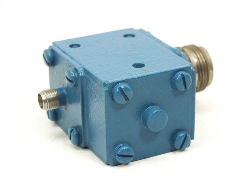 RF Coaxial Isolator 110715-01 — opposite side view showing SMA female connector and blue painted body with mounting screws