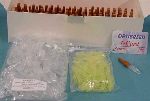 Optibreed 460112 Turkey SQA III Test Kit — contents laid out showing capillary tray, bag of diluent tubes, yellow pipette tips, and Optibreed i-Card 100 Credits