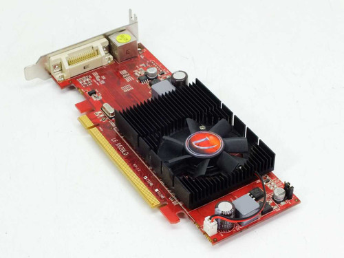 VisionTek Radeon HD 2400PRO PCIe graphics card — side angle view showing low-profile form factor, heatsink, and bracket with DVI and S-Video connectors
