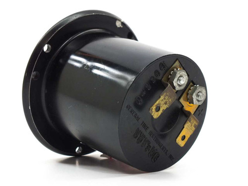 General Time Instruments 899300 Quartz Hour Meter — rear view showing cylindrical black housing, brass spade terminals, and wiring connection tabs