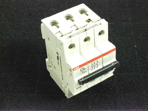 ABB S283-K10W 3-pole DIN rail circuit breaker — front-left angle view showing ABB label and K10A rating