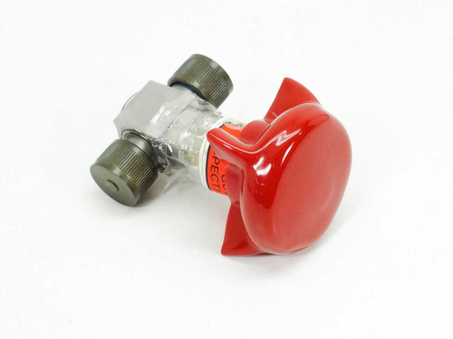 Gould Statham P8164-40C-24010 pressure transducer side view showing red protective cap, clear body, and dual threaded port fittings